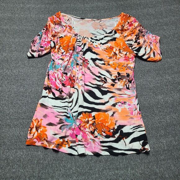 Jennifer Lopez Womens Jersey Top Blouse M Multicolor Stretch Graphic Print Boho - Picture 1 of 7